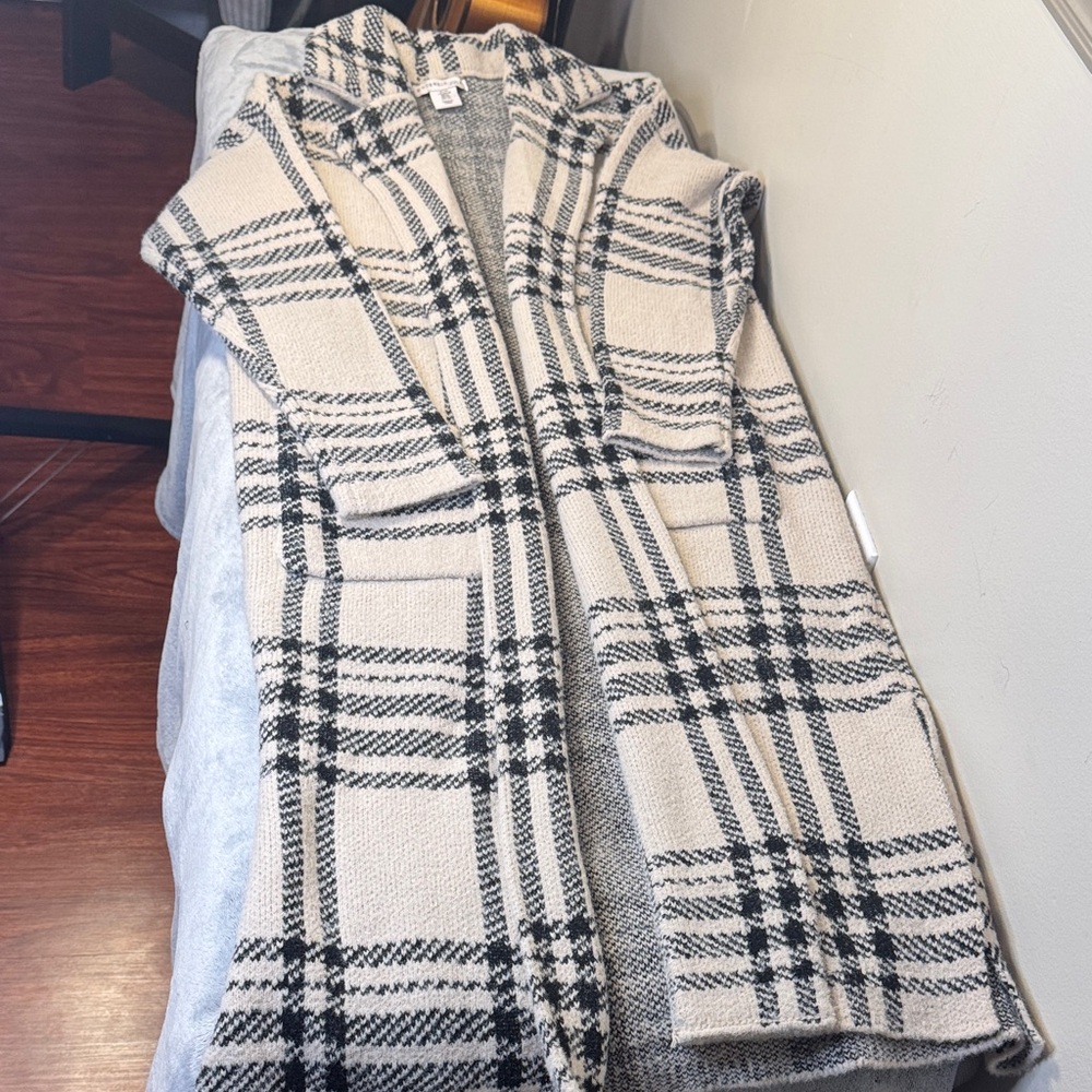 Sincerely Jules Black & Tan Plaid Long Collared Coatigan